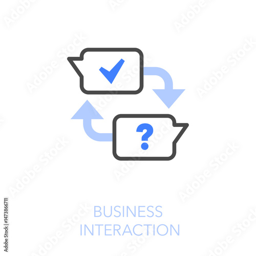 Simple visualised business interaction icon symbol with process arrows  and two communication speech bubbles.