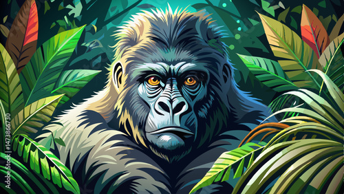 Intimate gorilla portrait among verdant foliage wildlife encounter