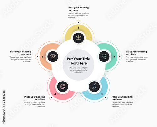 Circular process diagram with five colorful options. Modern infographic design with numbers and minimalistic icons for website or data presentation.