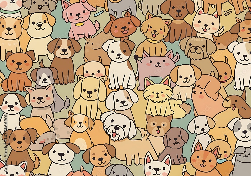 Adorable Dog & Cat Doodle Print: Warm Hues, Happy Pets Adorable Dog & Cat Doodle Print: Warm Hues, Happy Pets