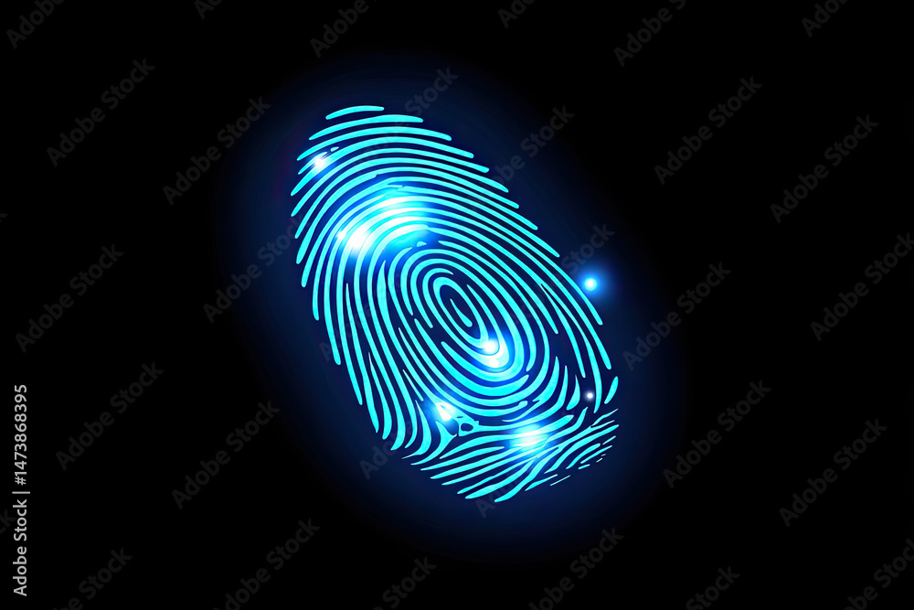 custom made wallpaper toronto digitalDigital fingerprint scan glowing with blue light on black background, biometric security concept with bright neon lines and futuristic technology design