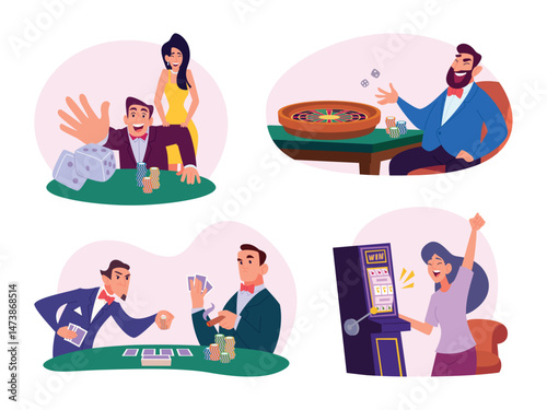 Casino. Gamblers playing roulette or poker in casino exact concept illustrations in cartoon style