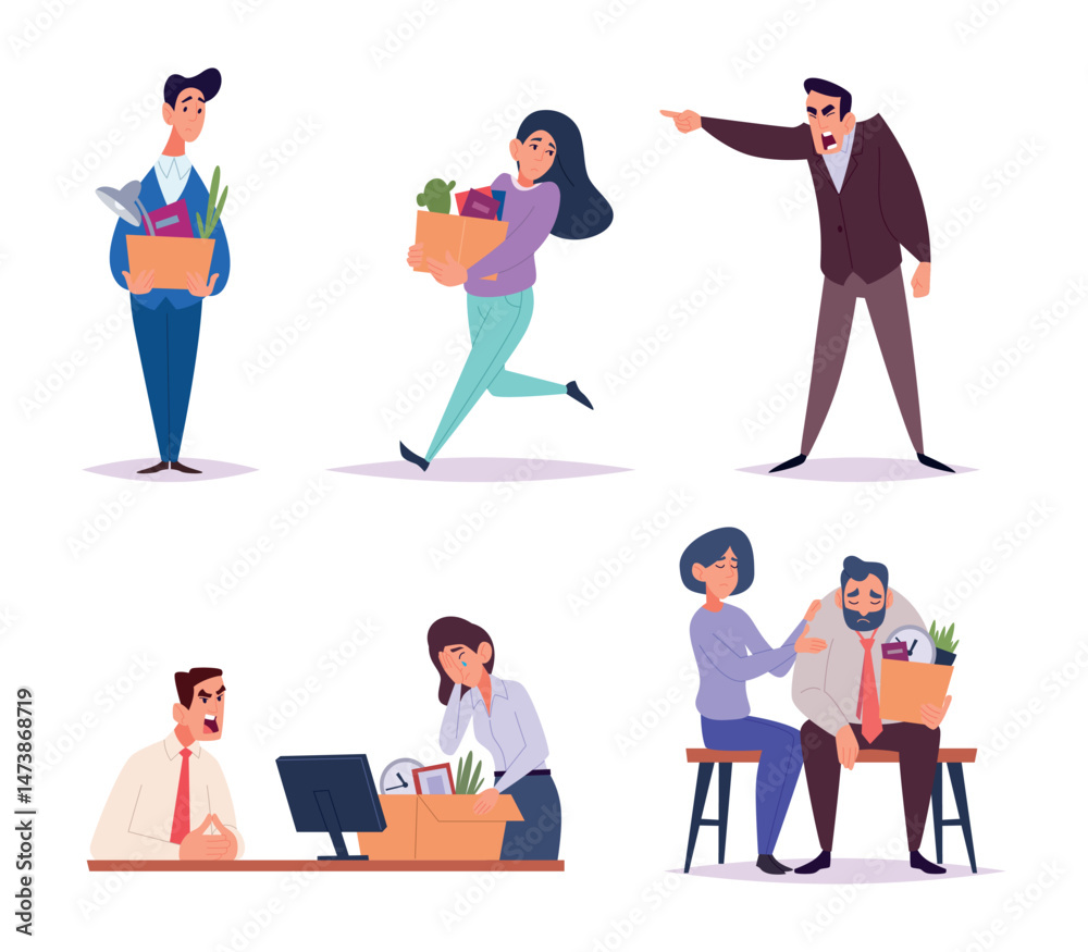 Dismissals. Angry bosses and sad managers exact vector depressed business characters concept pictures of dismissals Dismissals. Angry bosses and sad managers exact vector depressed business characters concept pictures of dismissals