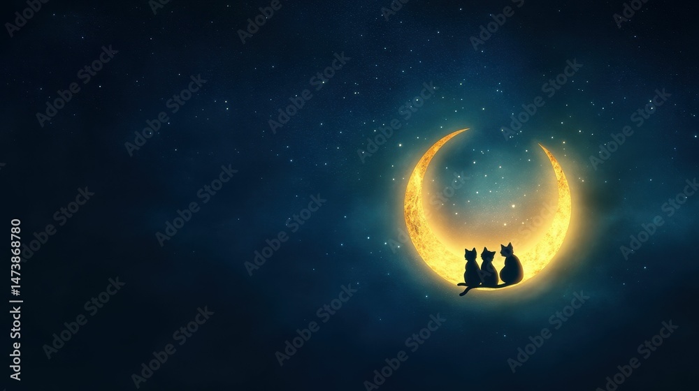 Naklejka premium Three felines sit crescent moon, starry night.