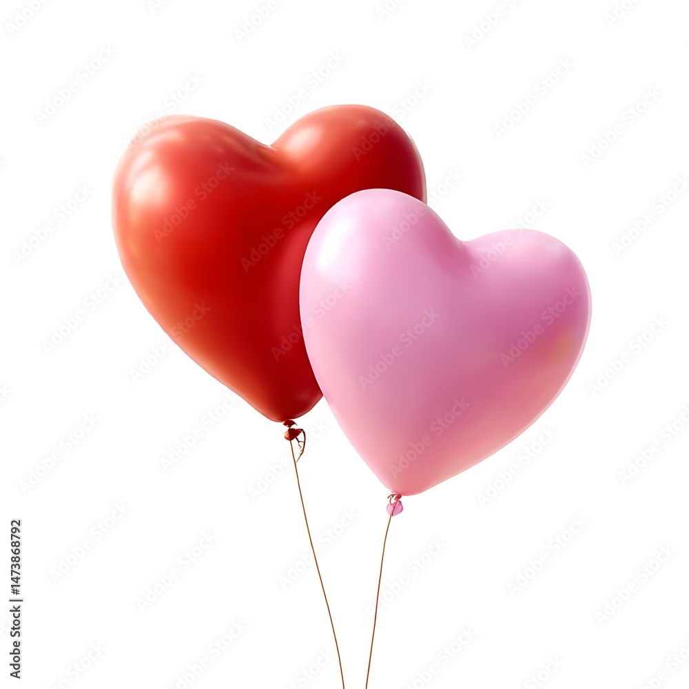 A close-up image shows two heart-shaped balloons, one red and one pink, isolated against a clean white background A close-up image shows two heart-shaped balloons, one red and one pink, isolated against a clean white background