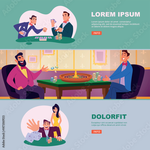 Casino players. poker cards roulette and other gambling games on banners