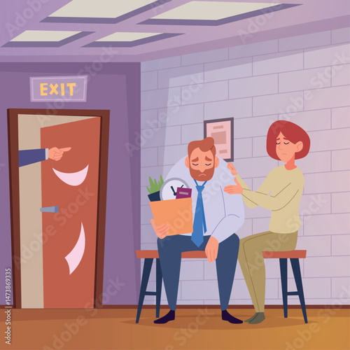 Dismissal. Employees comforts fired colleague. crying manager on business illustration
