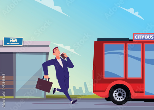 Late for bus. businessman running with cup of morning coffee