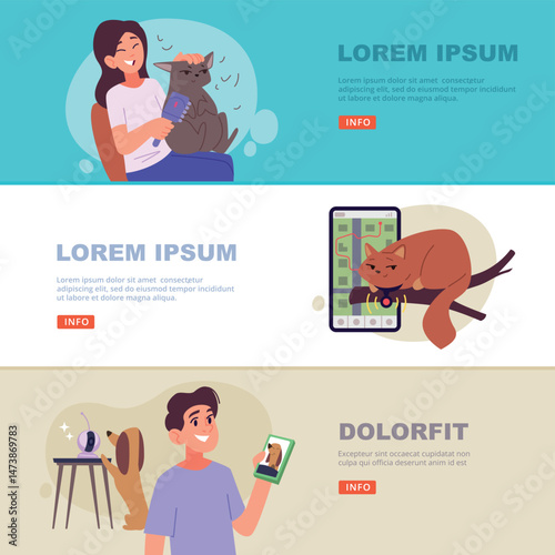 Pet owners. smart gadgets for domestic pets. vector horizontal banners