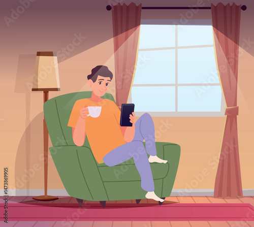 Relax on armchair. happy man sitting with cup of hot coffee and watching in smartphone