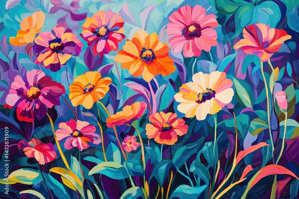 Vibrant floral display of zinnia blooms in a stylized garden. Vibrant floral display of zinnia blooms in a stylized garden.