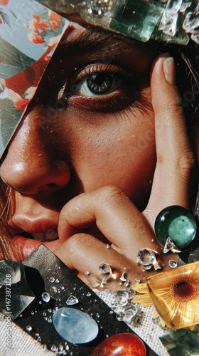 Woman's Eye with Crystals and Collage Elements
