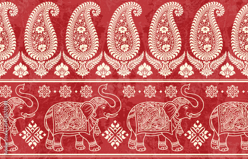 Seamless Pattern Tribal Ethnic indian Elephant pattern, Thai elephant, paisley and hamsa. Ethnic indian elephant background Hand drawn illustration. Wallpaper, cloth design, fabric, tissue, carpet