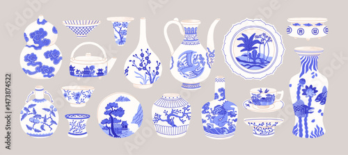 Chinese ceramics set. Vintage oriental pottery with blue and white ornaments, patterns, Asian drawings. China porcelain, ancient old dishware, plates, cups, vases. Isolated flat vector illustrations