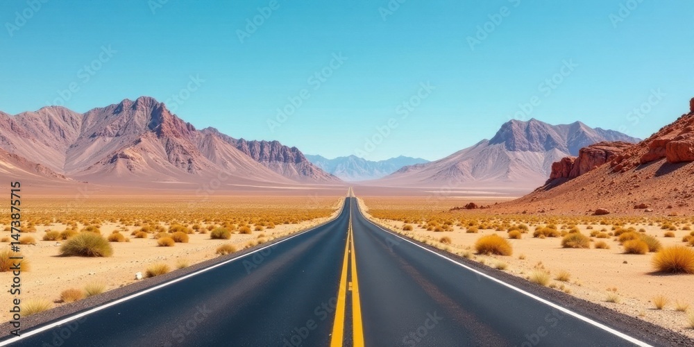 Fototapeta premium Endless Asphalt Path Through a Desolate, Mountainous Landscape Under a Vivid Azure Sky