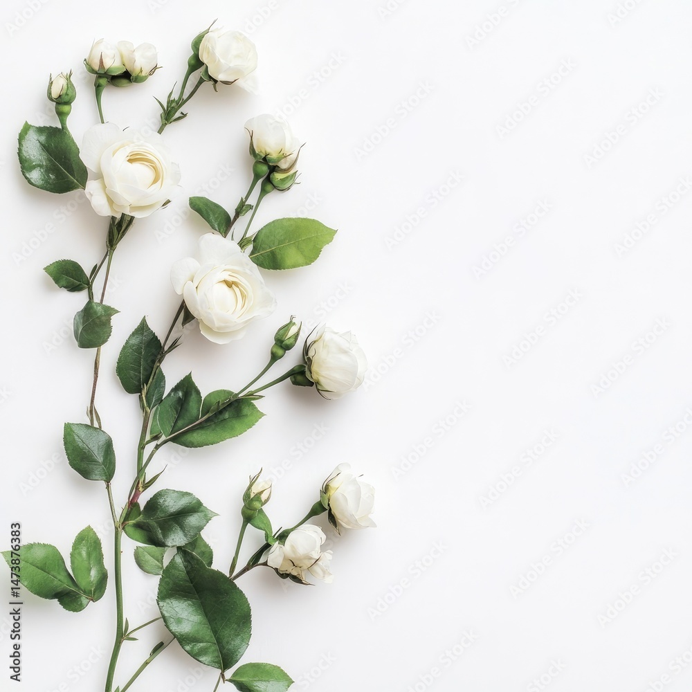 Fototapeta premium Delicate white roses and buds arranged on a white background
