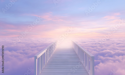 Dreamy Sky Pathway Leading to Heaven over Soft Clouds at Sunrise or Sunset. generative aI