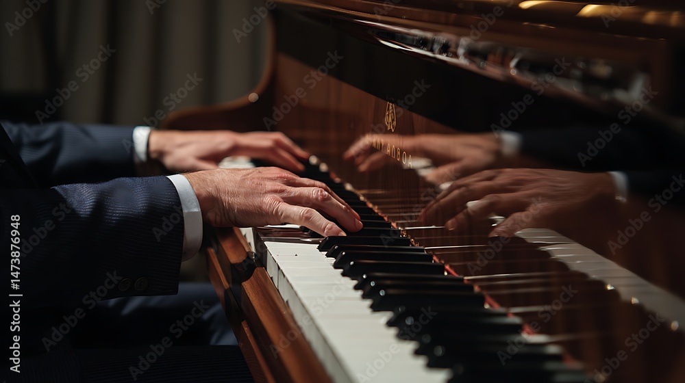 Fototapeta premium A pianist playing beautiful piano and his reflection