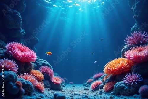 Sunbeams Illuminate Vibrant Coral Reef Ecosystem with Colorful Sea Anemones and Small Fish