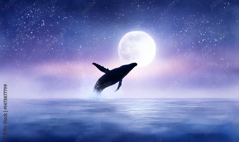 Fototapeta premium a massive whale breaching out of the ocean, mid-air with water splashing all around, dramatic lighting and powerful motion, deep blue sea and sky in the background. generative ai