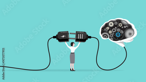 turn on AI technology brain, work with AI, Augmented intelligence, human intelligence enhance, AI human support concept, businesswoman connect plug with AI brain idea to power socket concept