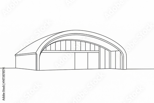 Simple Line Drawing of Modern Architectural Hangar Building Design Large Entrance Steel Structure Industrial Airport Airplane Shelter Curved Roof Contemporary Minimalist Style Clean Lines Elegant     