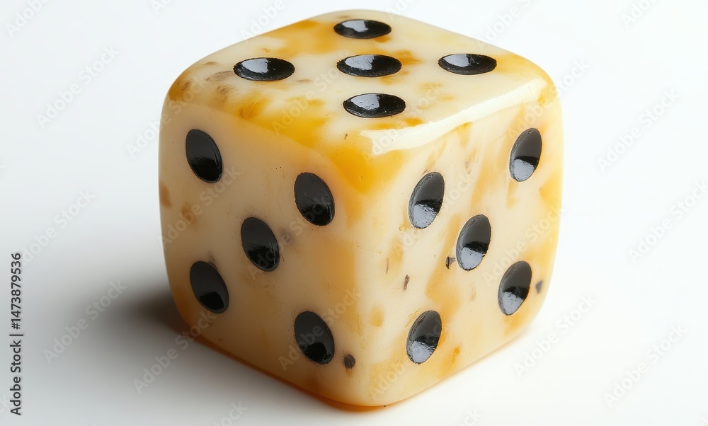 Close-up of a colorful and unique six-sided die featuring distinct black dots against a smooth, glossy surface on a minimalist background