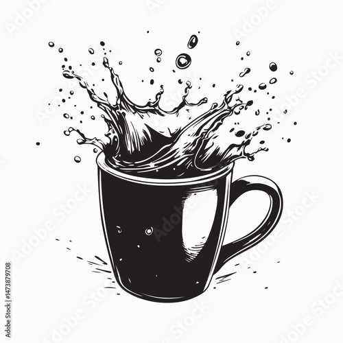 Black and white Splashes In A Coffee Mug On Water Image vector isolated on white background.
