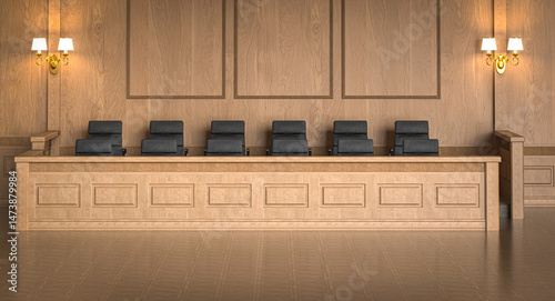 Fototapeta Naklejka Na Ścianę i Meble -  Jury box in empty courtroom with wood paneling and wall sconces 3d