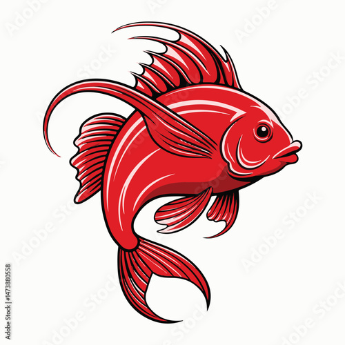 Bold Red Cartoon Fish with Decorative Fins: Eye-Catching Aquatic Creature with Spiky Dorsal and Flowing Caudal Fin - Ideal for Sport Fishing, Aquarium Art, and Distinctive Oceanic Graphics (Focuses on