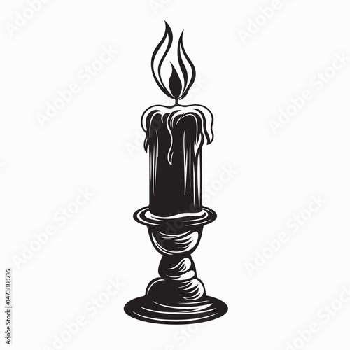 Burning candle in a candlestick vintage Image Vector Isolated on white background.