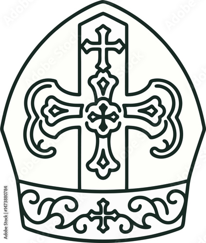 Minimalist Catholic Bishop Mitre Outline with Decorative Cross Design – Religious Clergy Hat Vector Illustration