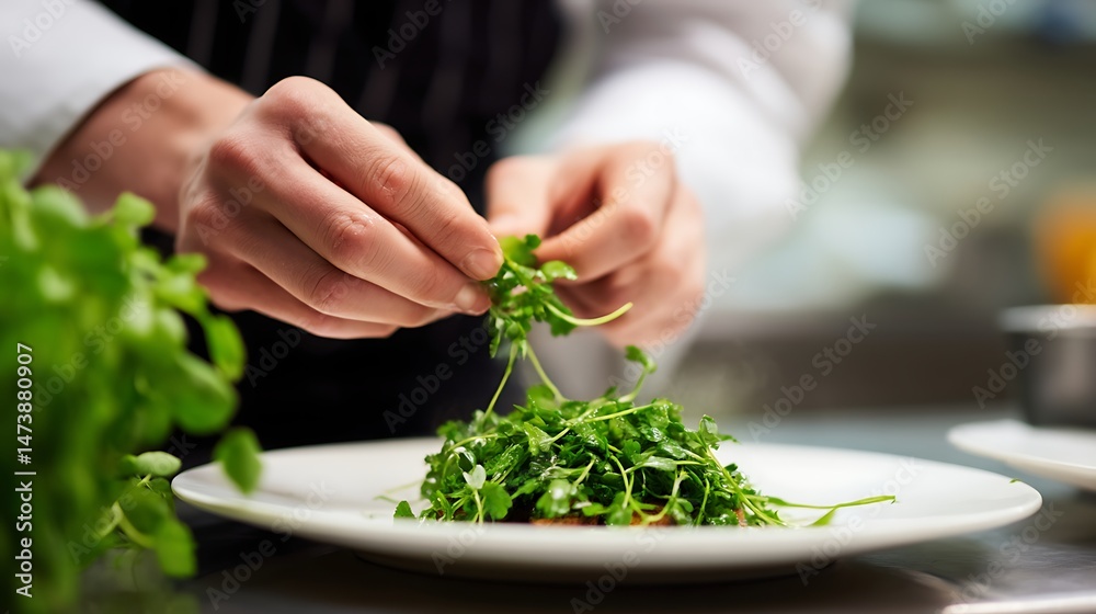 A chef plating food in a professional kitchen A chef plating food in a professional kitchen