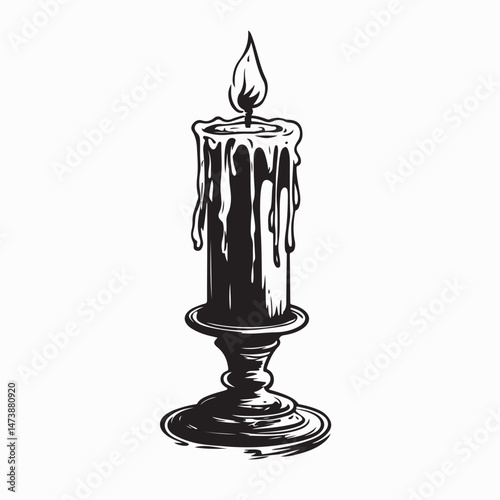 Burning candle in a candlestick vintage Image Vector Isolated on white background.
