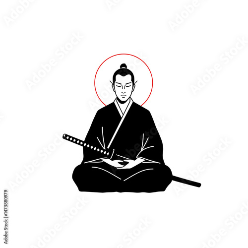 Samurai sitting in meditation with katana against red halo  