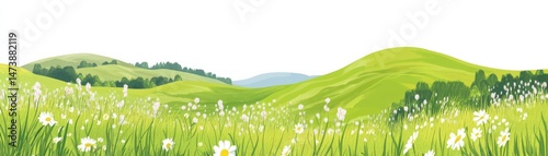 illustration of idyllic landscape rolling green hills, wildflowers, daisies, scenic view. Keywords nature, landscape