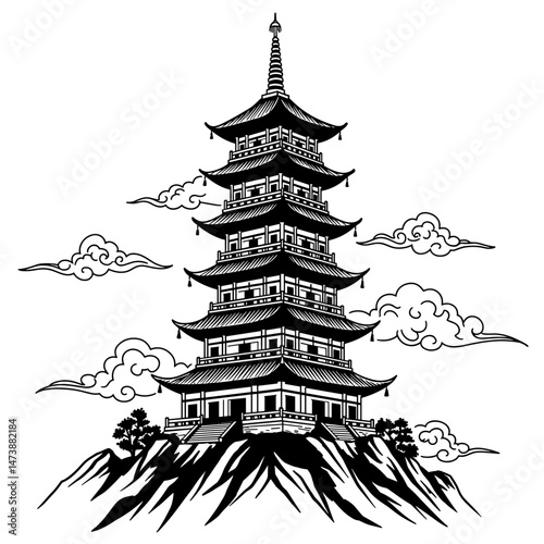 Traditional Asian pagoda illustration surrounded by mountains and clouds