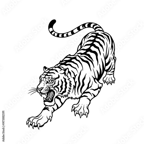 Fierce tiger - Korean mythical beast, sneaking in a dynamic pose, suitable for restaurants, logo, Asian packaging