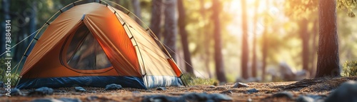 Sunrise Camp Tent in Forest Orange Dome Tent Photography, Nature Scene, Outdoor Recreation Camping, Wilderness