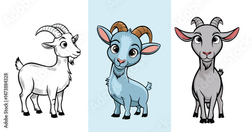 Diverse Cartoon Dairy Goats Collection: Set of Four Isolated Farm Animals in White, Brown, Black, and Light Blue Colors - Various Livestock Breeds for Agricultural and Educational Content (Highlights 