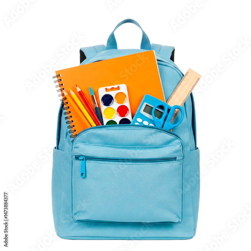 Blue backpack overflowing with various school supplies cut out, ready for back to school season