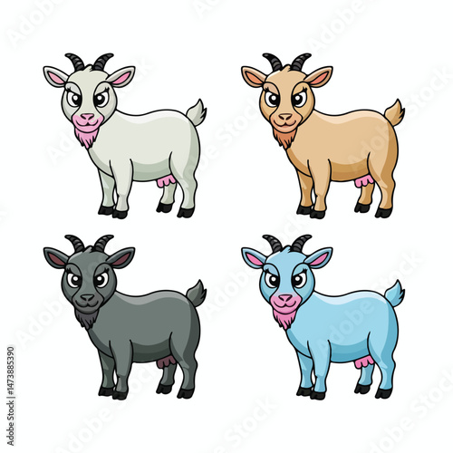 Diverse Cartoon Dairy Goats Collection: Set of Four Isolated Farm Animals in White, Brown, Black, and Light Blue Colors - Various Livestock Breeds for Agricultural and Educational Content (Highlights 
