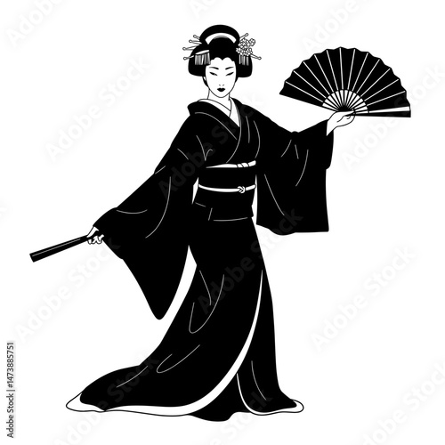 Dancing geisha with fan in vector illustration, suitable for restaurants and menus, festivals, travel agencies, culture courses, prints