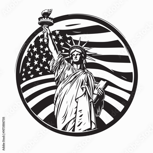 American Statue of Liberty and USA flag Design Logo vector isolated on white background.