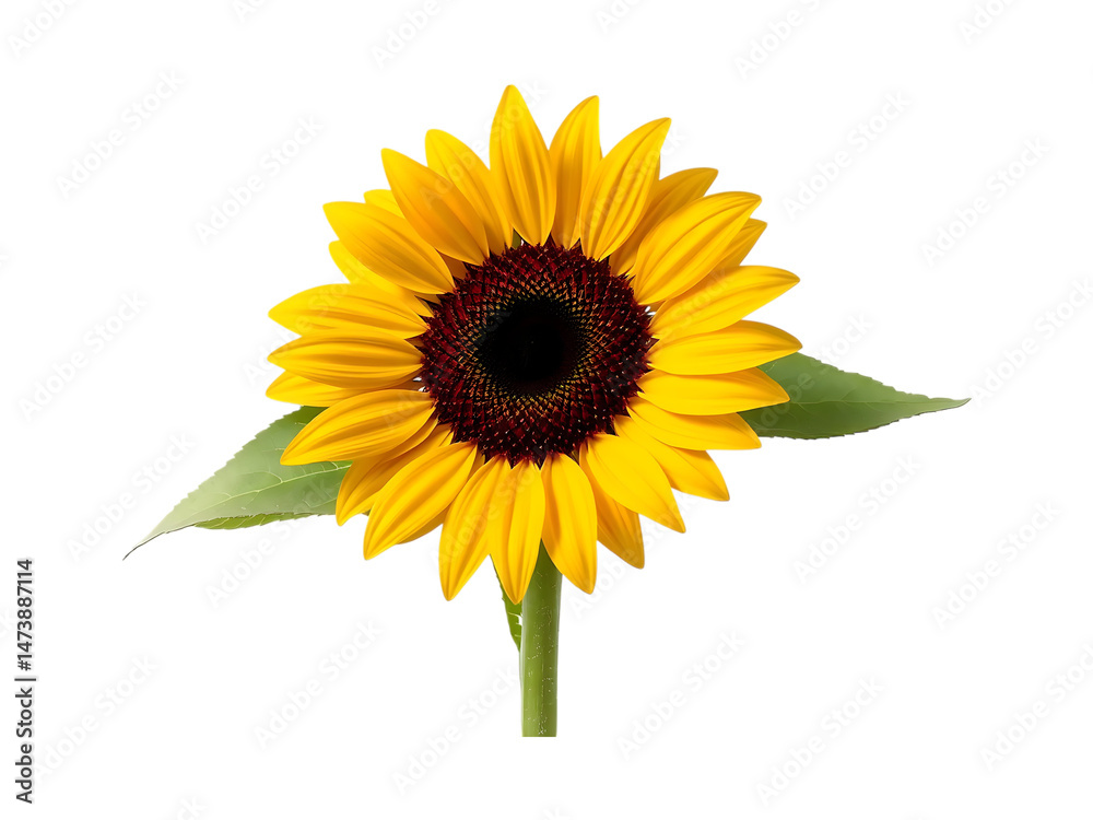 Obraz premium Single Sunflower with Green Leaves on Black Background on transparent background