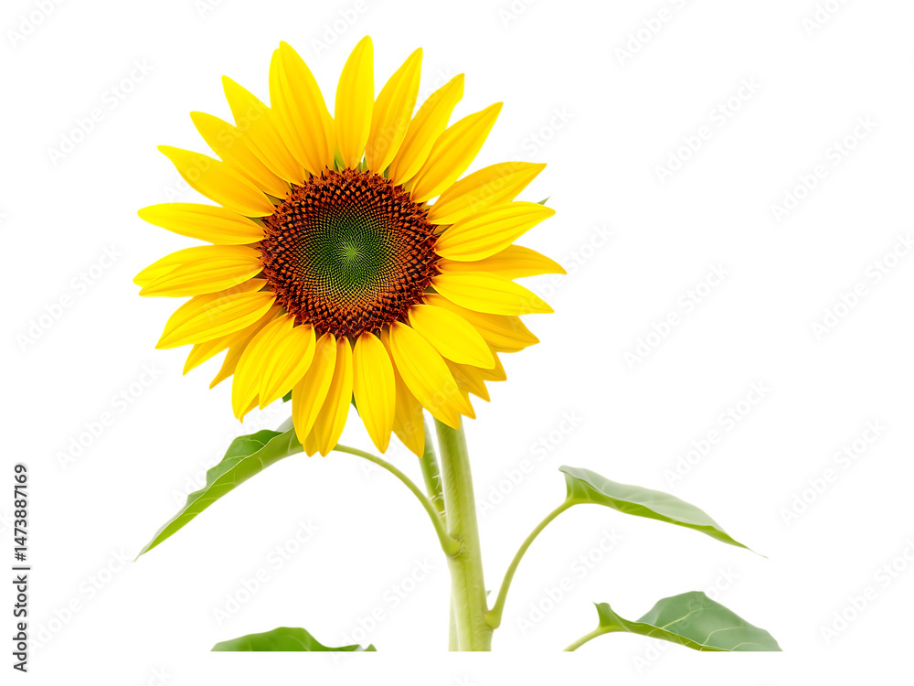 Fototapeta premium Single Sunflower with Stem and Leaves on Transparent Background