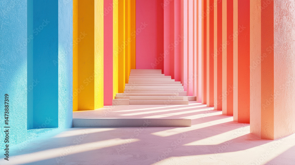 Fototapeta premium A vibrant 3D rende showcases a contemporary composition with colorful columns and stairs in realistic 4K resolution creating a visually striking background scene.
