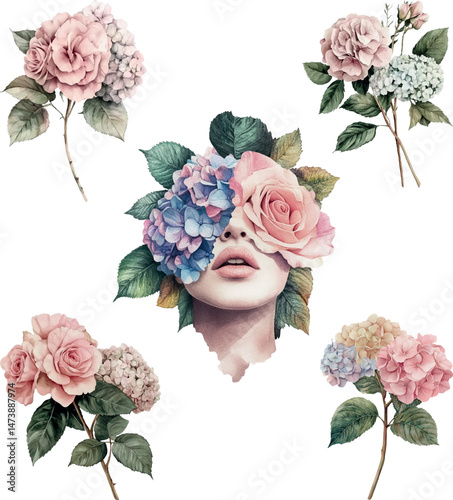 Watercolor floral bouquet roses and hydrangeas