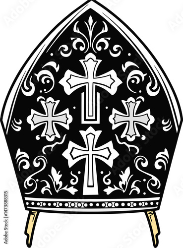 Ornate Black and White Bishop Mitre with Bold Cross Symbols – Vector Religious Headwear Illustration for Clergy and Church Art