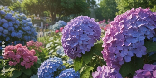 Vibrant hydrangea in bloom, colorful garden setting, flowers, red, blue